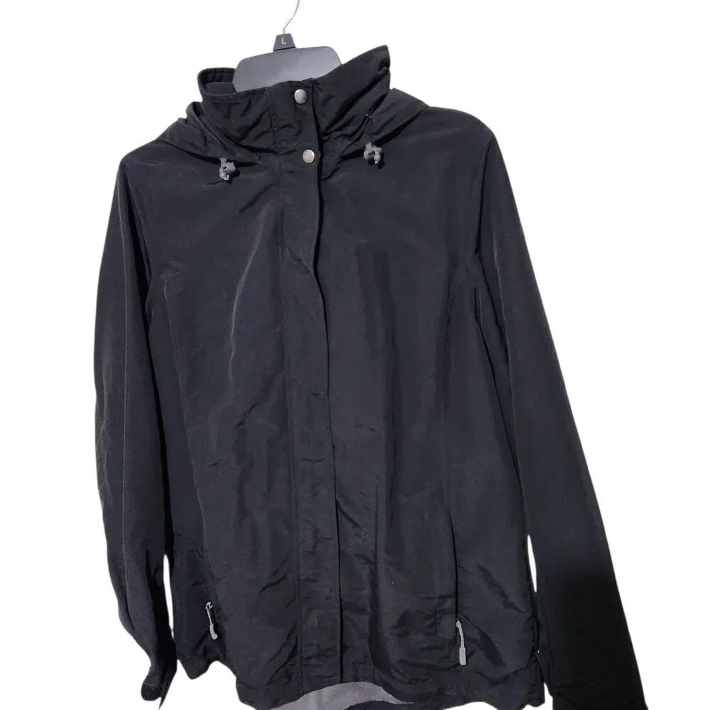 Lands Ends Windbreaker Jacket Size Medium Black Hooded Elastic Waist